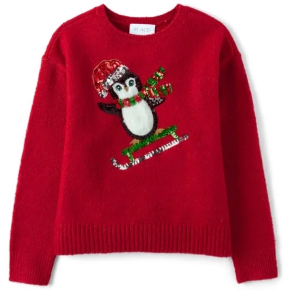 The Children's Place Girls Red Christmas Penguin Sequin Sweater Size 10/12